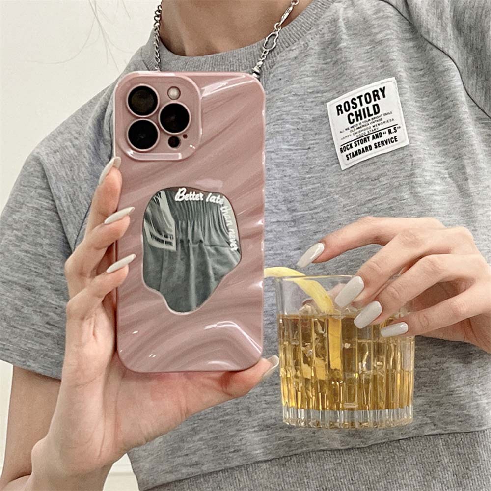 auramma-collections-avant-basic-dusty-pink-3D-wavy-ripple-puddle-mirror-better-late-than-never-quote-soft-tpu-iphone-case-in-hand