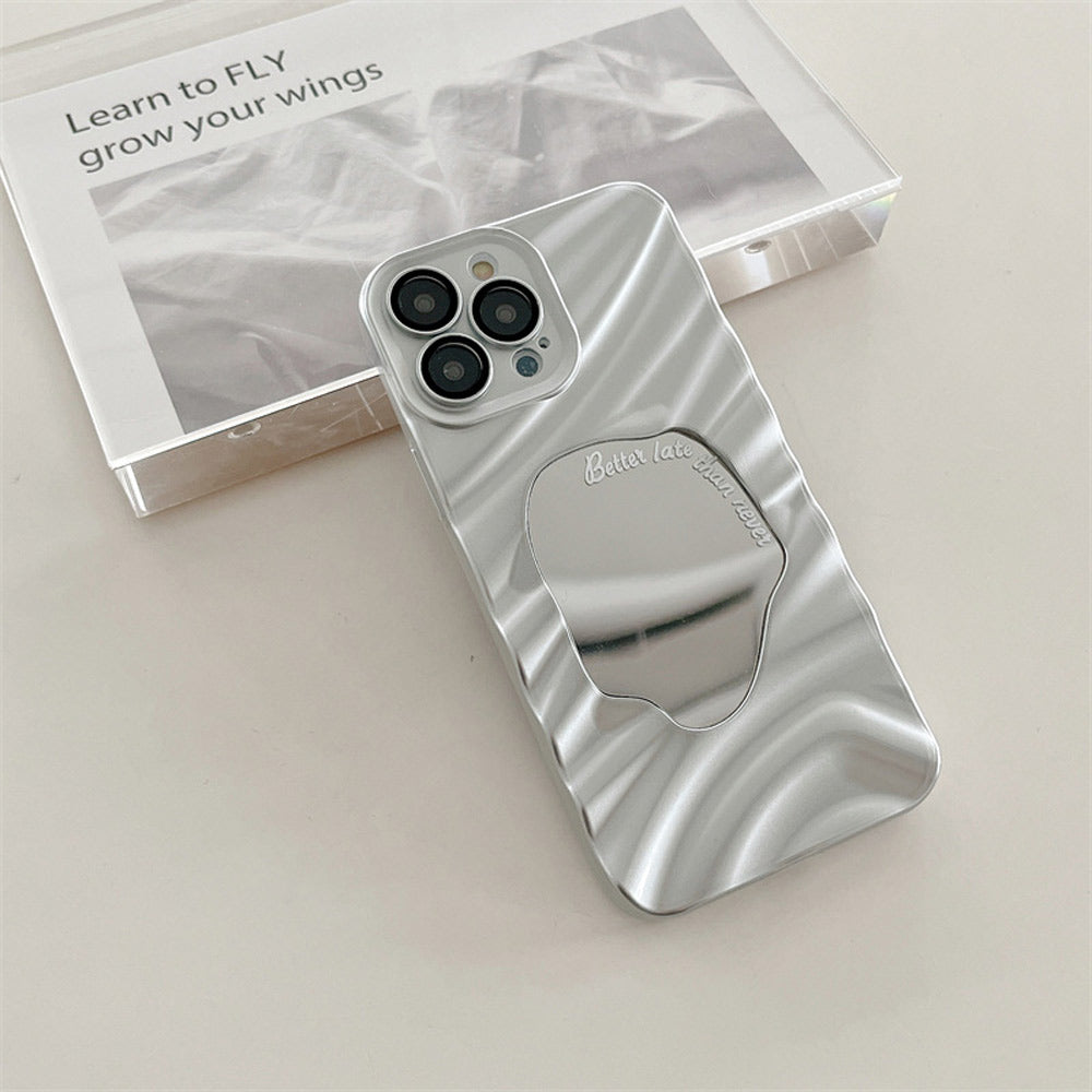 auramma-collections-avant-basic-silver-3D-wavy-ripple-puddle-mirror-better-late-than-never-quote-soft-tpu-iphone-case